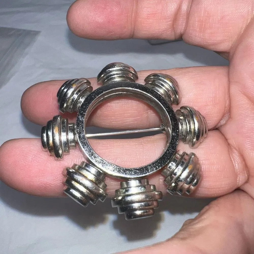 Vintage Silver Tone Industrial Circular Brooch - Image 6