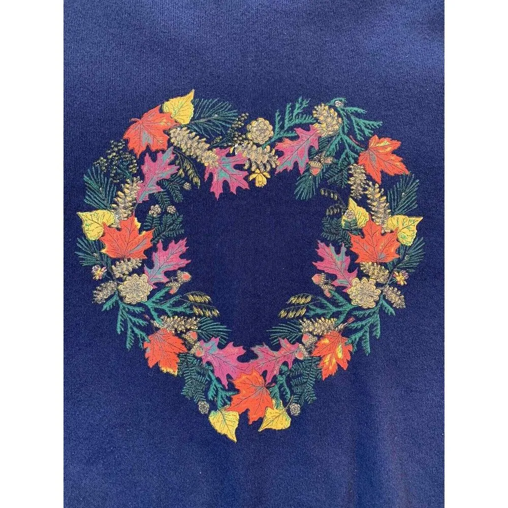 Vtg Sweatshirt‎ Women Medium Fall Autumn Leaves Heart Wreath Grandmacore Granny - Image 3