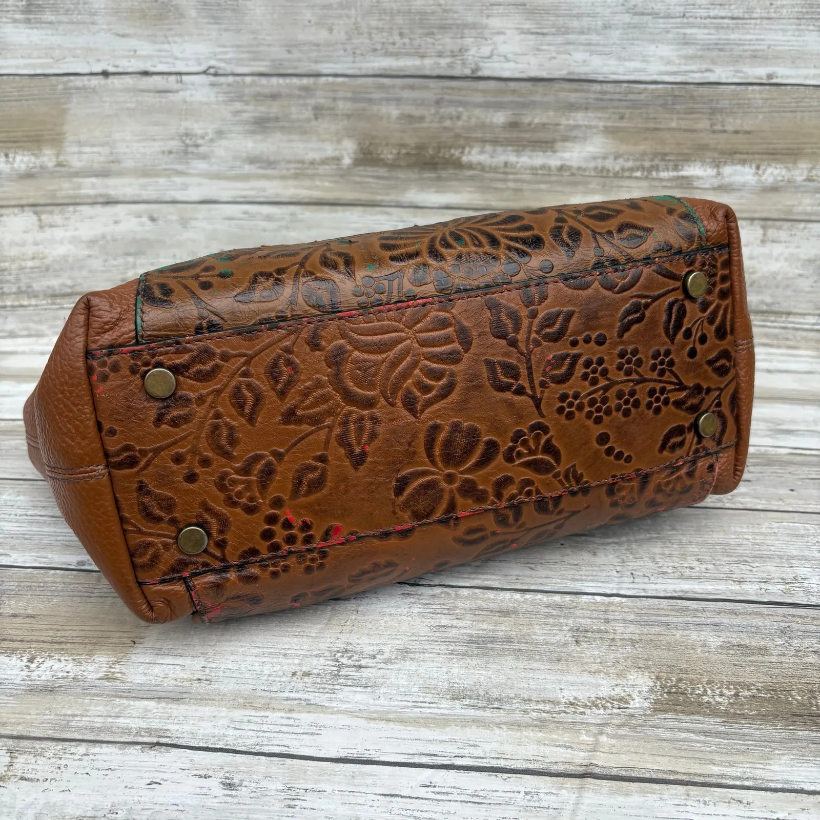 Sundance Purse Brown Tooled Leather Floral Satchel Distressed Boho Western - Image 6