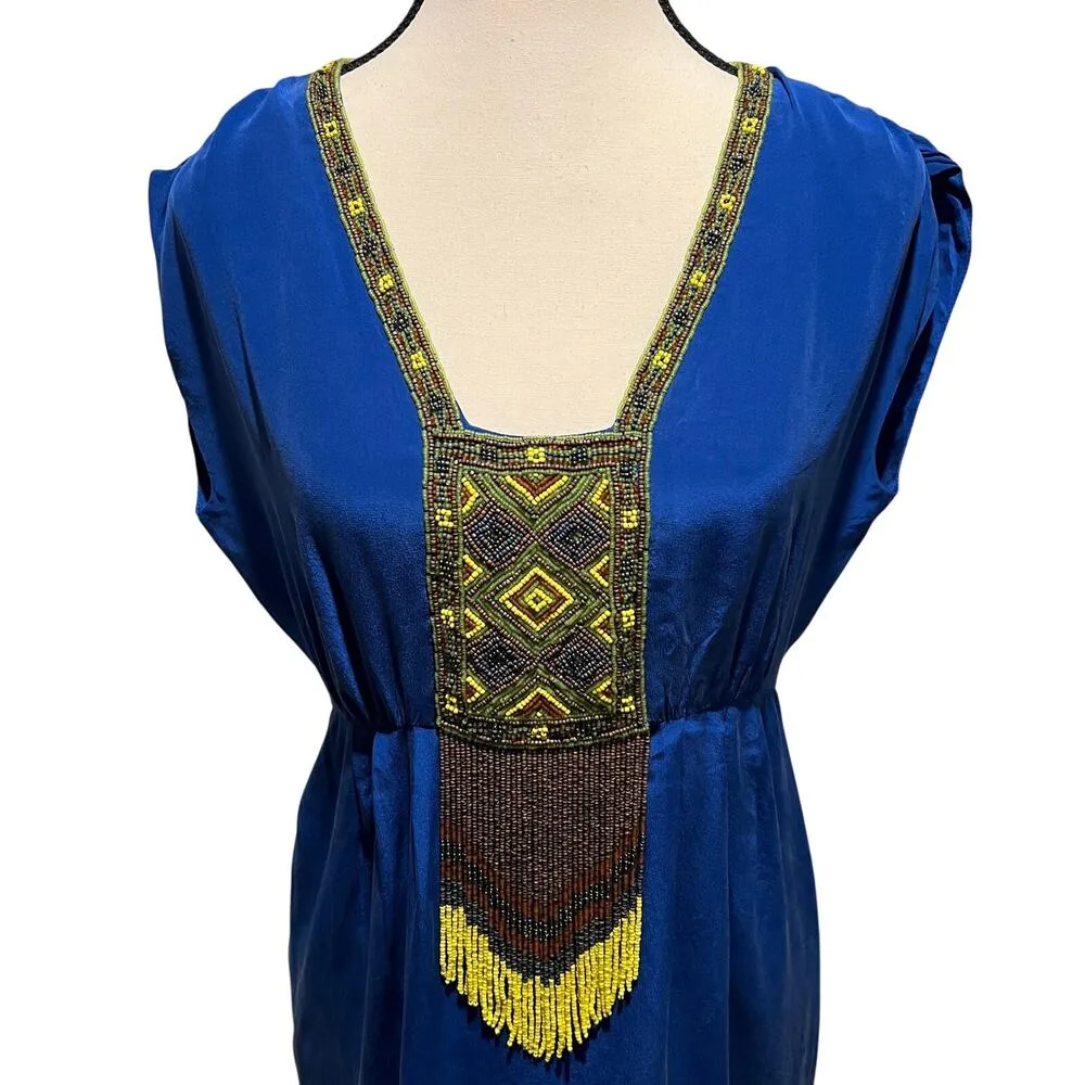 Tibi Cascade Beaded Silk Royal Blue Cap sleeve A-Line Dress Egyptian Vibe Size ) - Image 4