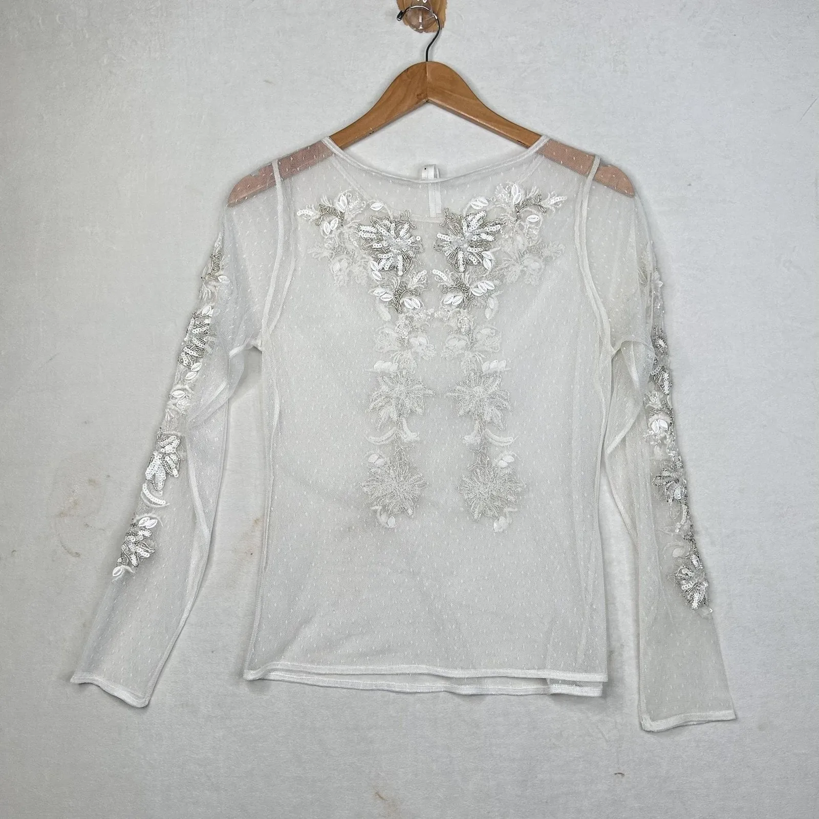 A by Anthropologie Shirt Womens Small Sheer Mesh Sequin Floral Long Sleeve - Image 8