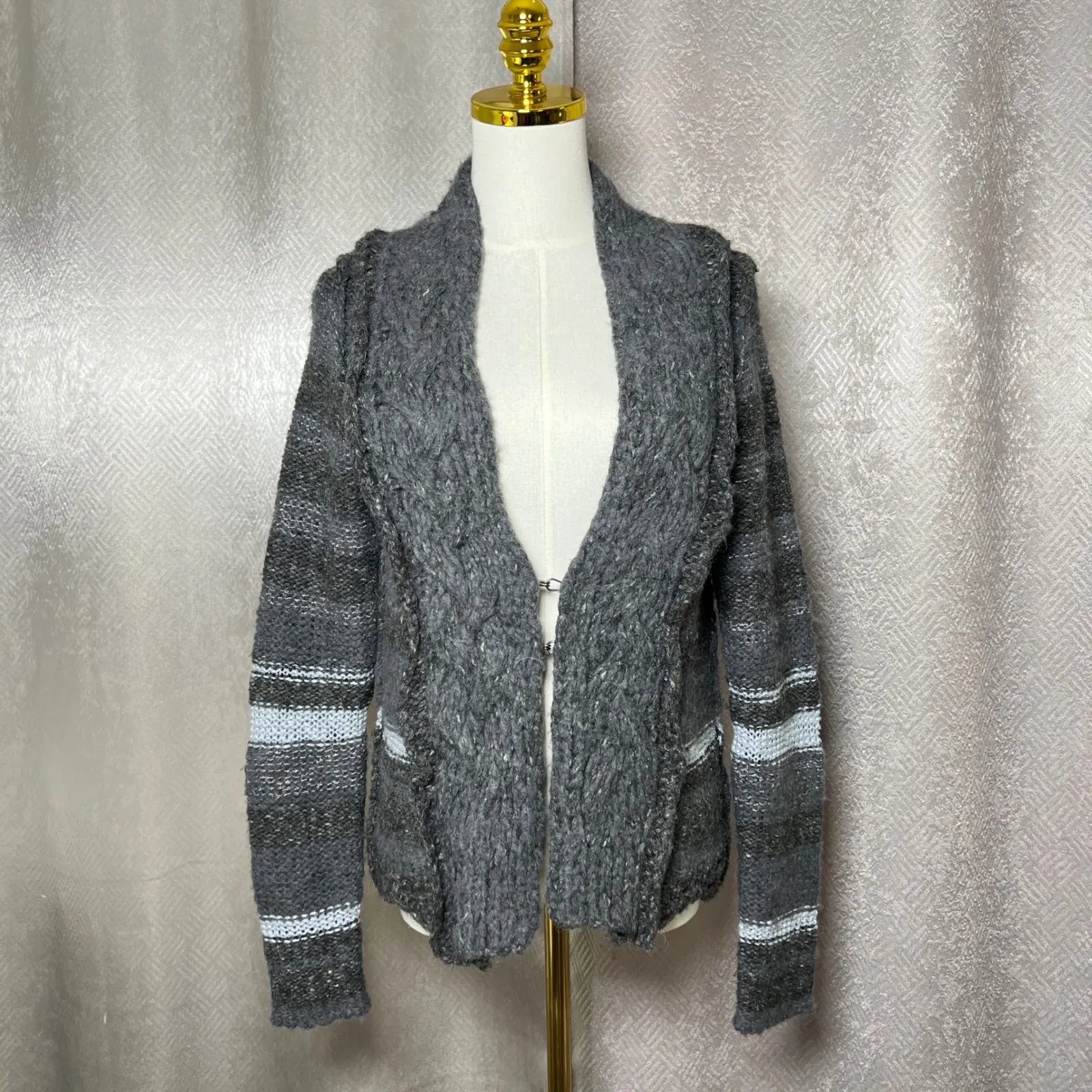 Free People Striped Knit Cardigan Button Up Sweater Gray Blue Oversized Medium - Image 12