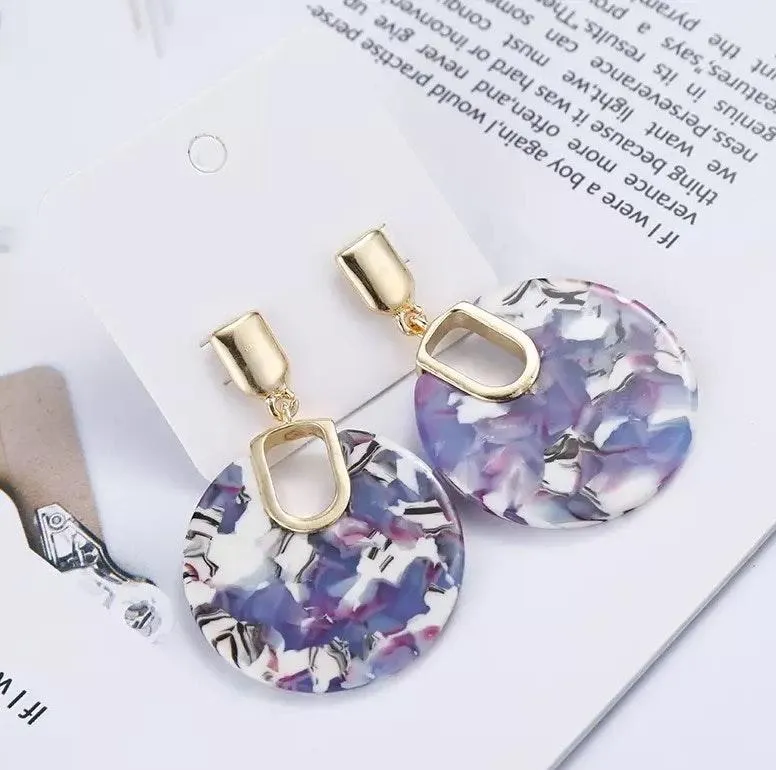 Round Acrylic Shell Stud Drop Earrings Purple - Image 3