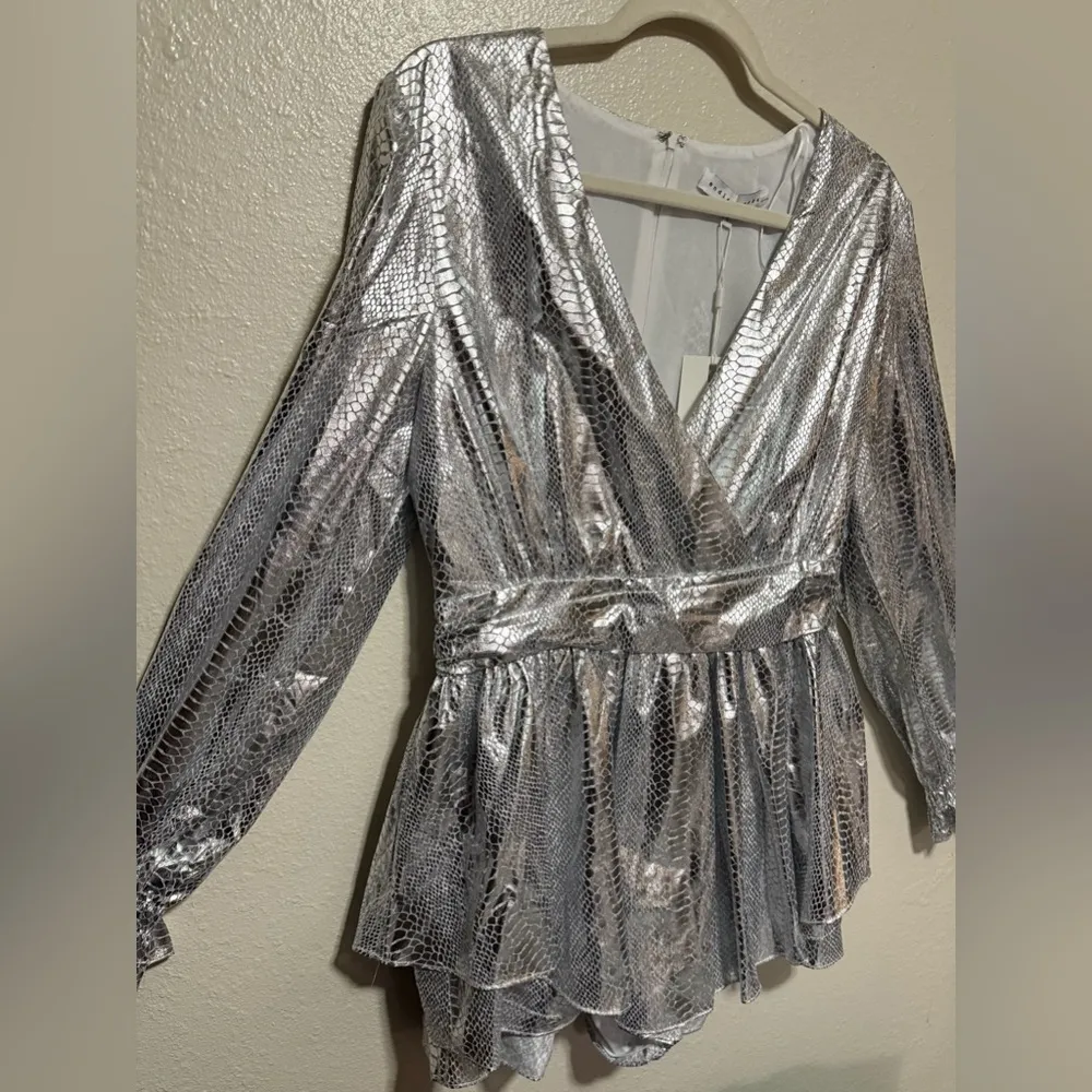 NWT Endless Rose Faux Snake | Animal Print Silver Metallic Long Sleeve Romper - Image 3