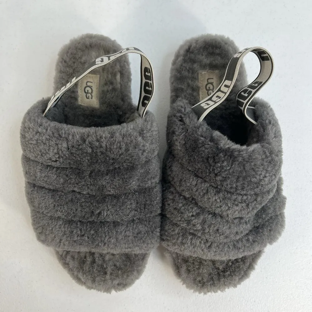 UGG  Sz 7 Oh Yeah Fluffy Double Strap Flat Slippers Slides Sandals in Grey - Image 6
