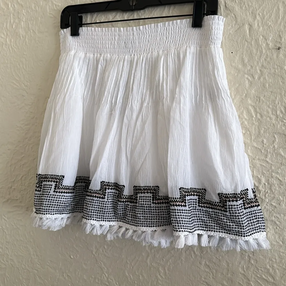 J. Crew White Smocked Pleated Tassel Black Embroidered Boho Mini Skirt NWT M - Image 4
