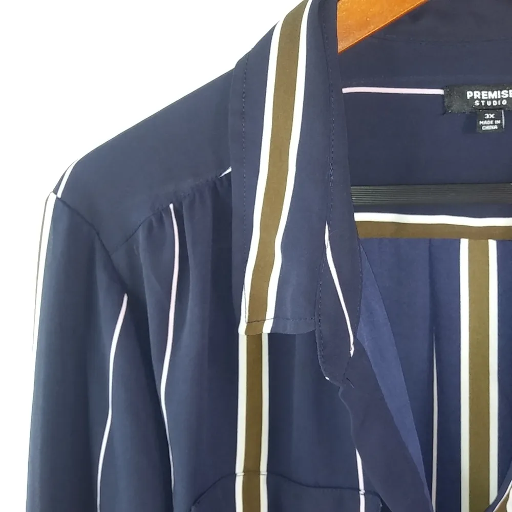 Premise 3X Navy Stripe Pocketed Collared Top Plus Workwear - Image 6