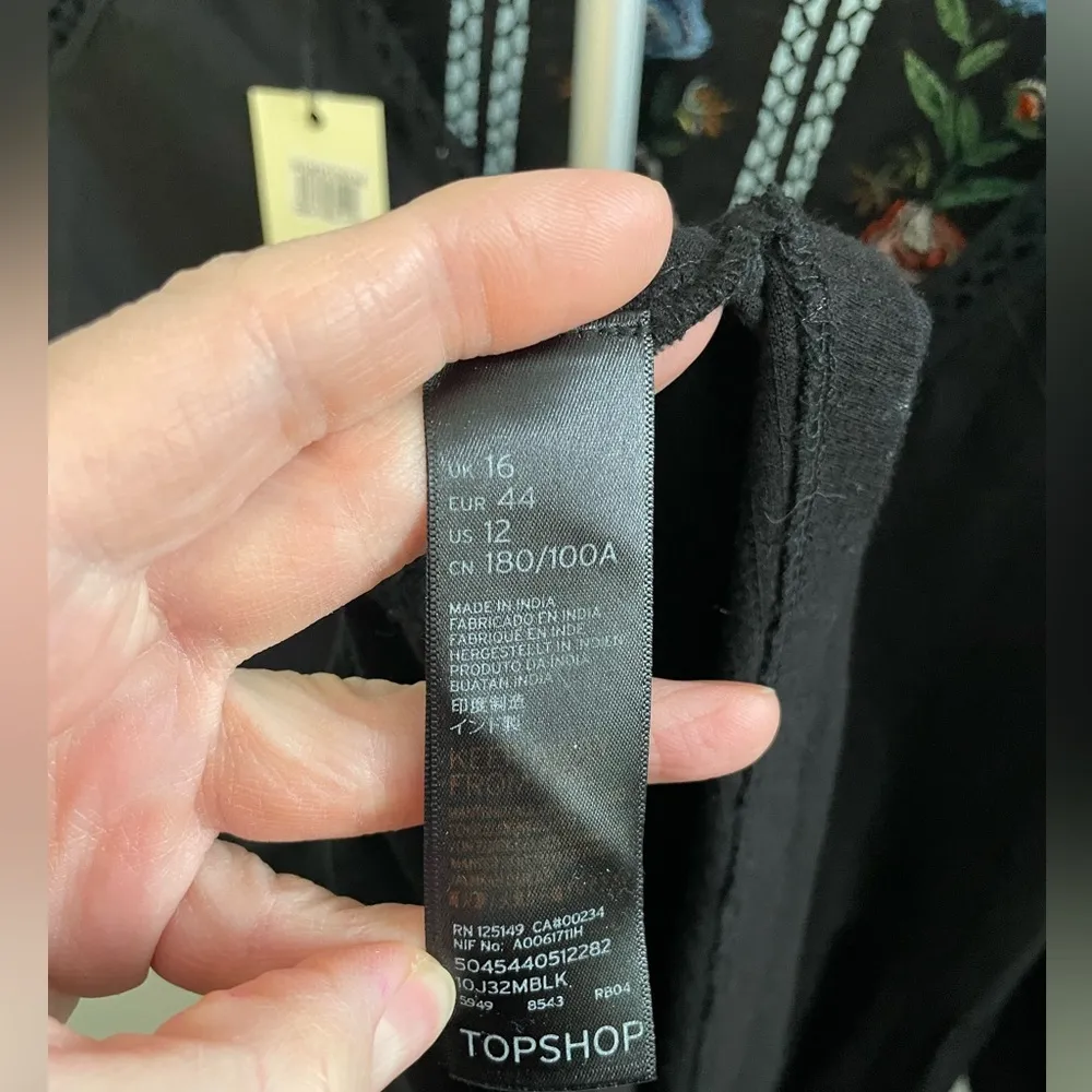 NWT TOPSHOP Women's 3/4 Sleeve Embroidered Smock Dress Black Floral‎ Sz 12 - Image 4