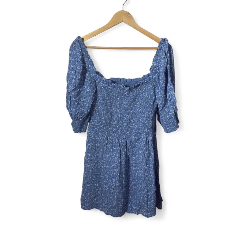Reformation Suzette Blue Floral Smocked Puff Sleeve Mini Dress Size 12 NWT - Image 4
