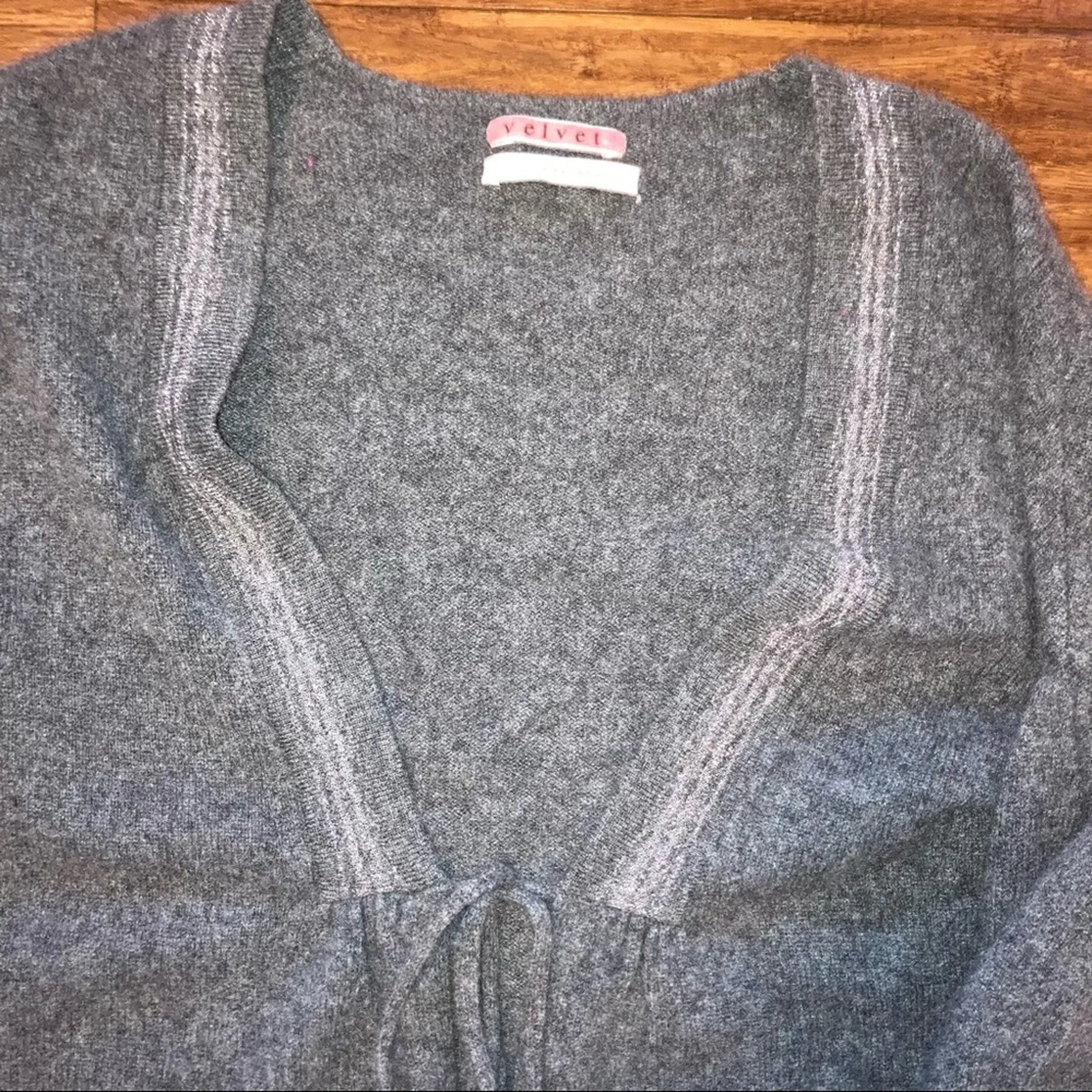 Velvet by Graham & Spencer Gray Cashmere Tie Cardigan with Glitter Lapels - Image 10