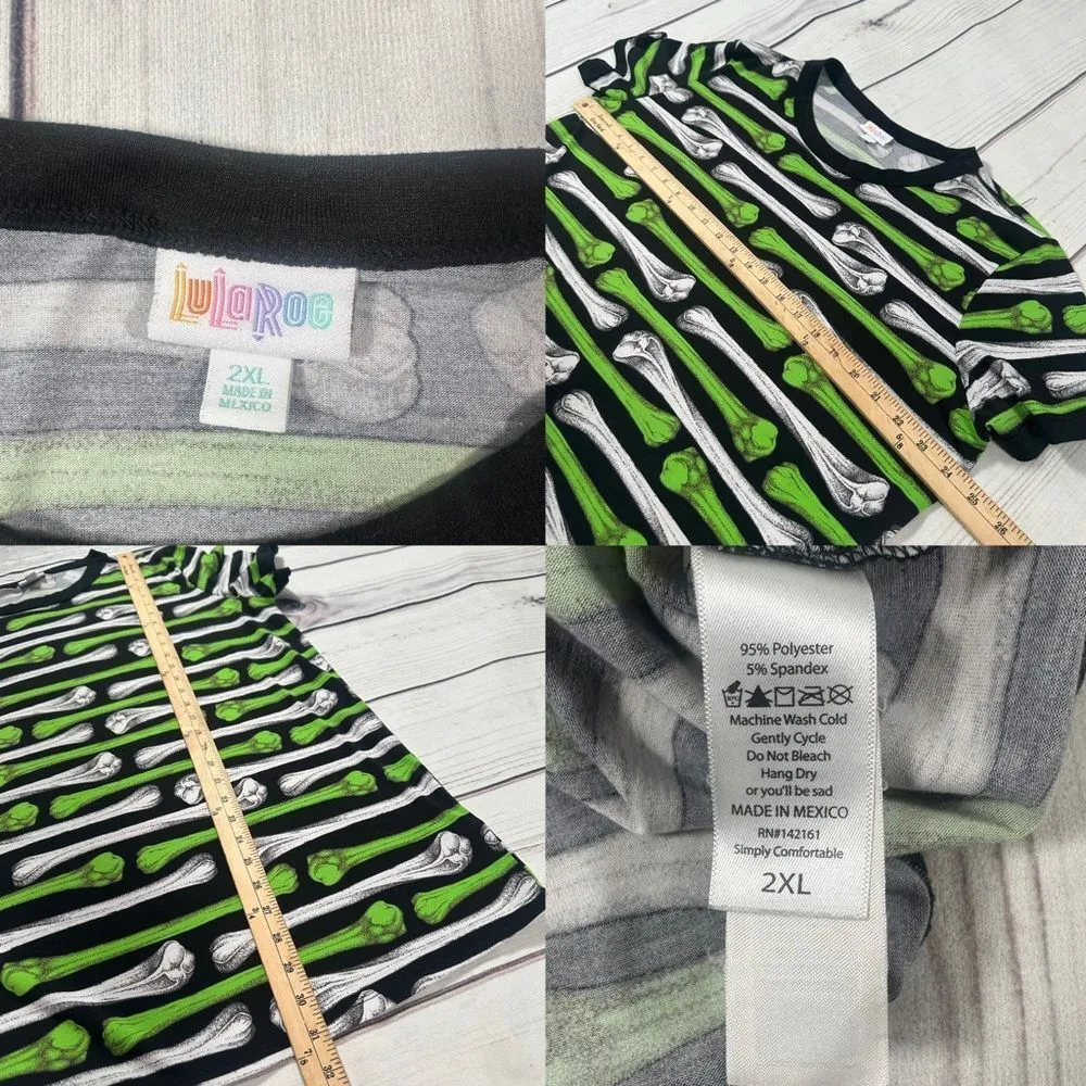 LuLaRoe Halloween Fall Liv T-Shirt Women's 2XL Neon Green & White Bones Festive - Image 3