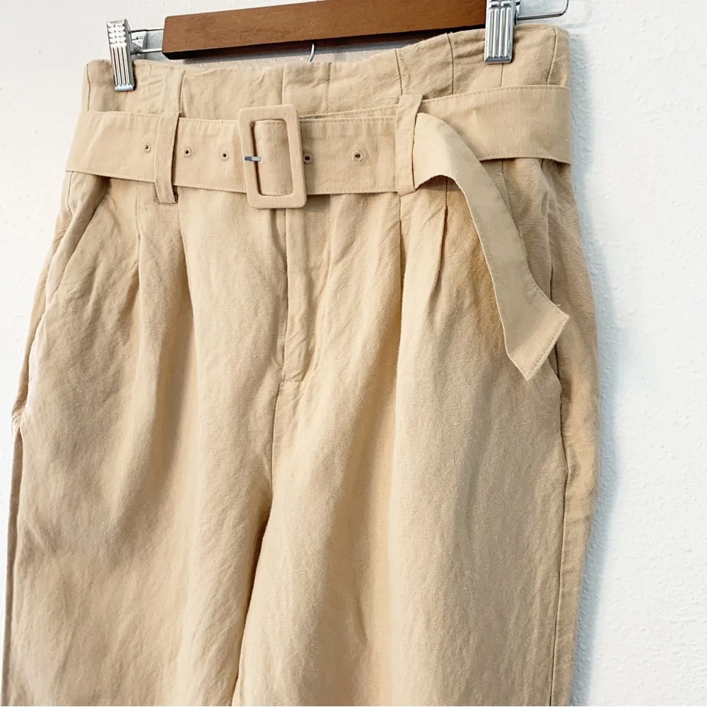 High Waisted Paper Bag belted Linen blend pleated front womens pants - Image 4