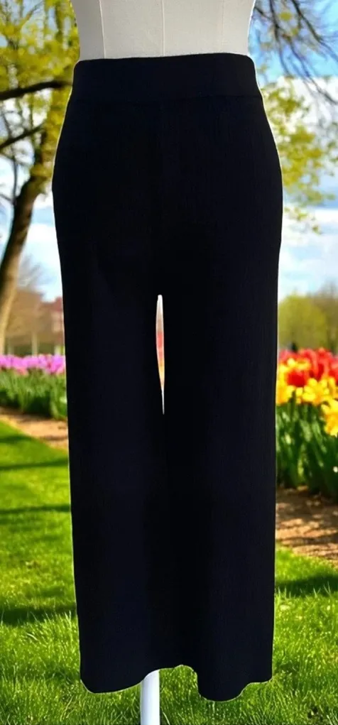 Cyrus Black Ribbed Knit Wide Leg Pants Womens M Pull On Cropped Stretch Lounge - Image 1