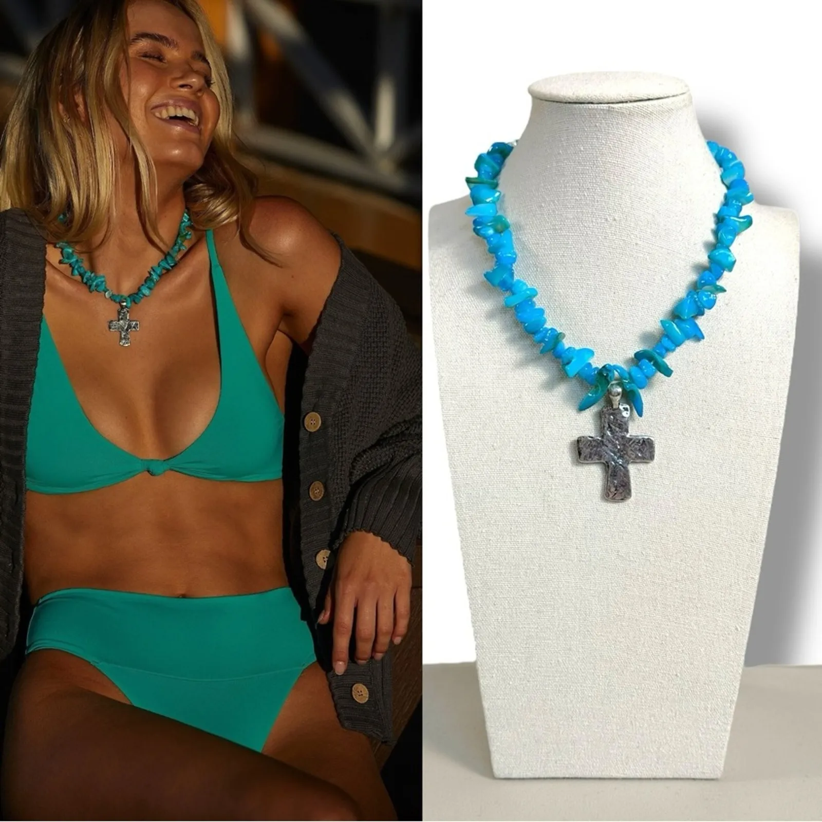 Free People Supernova Choker in Blue NWT Western Bohemian Cross Beach - Image 3