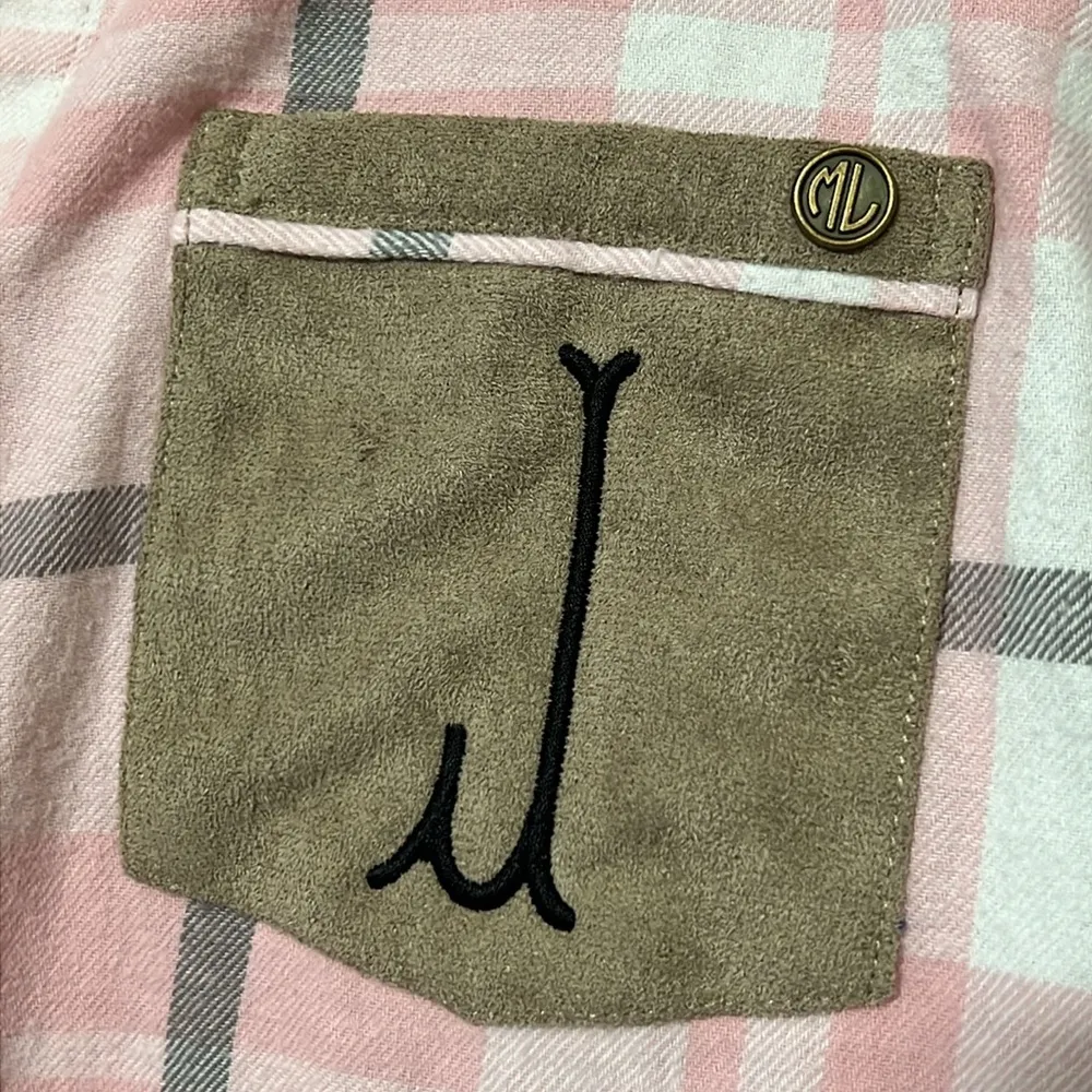 MarleyLilly  large pink grey plaid button down long sleeve embroidered initial J - Image 4