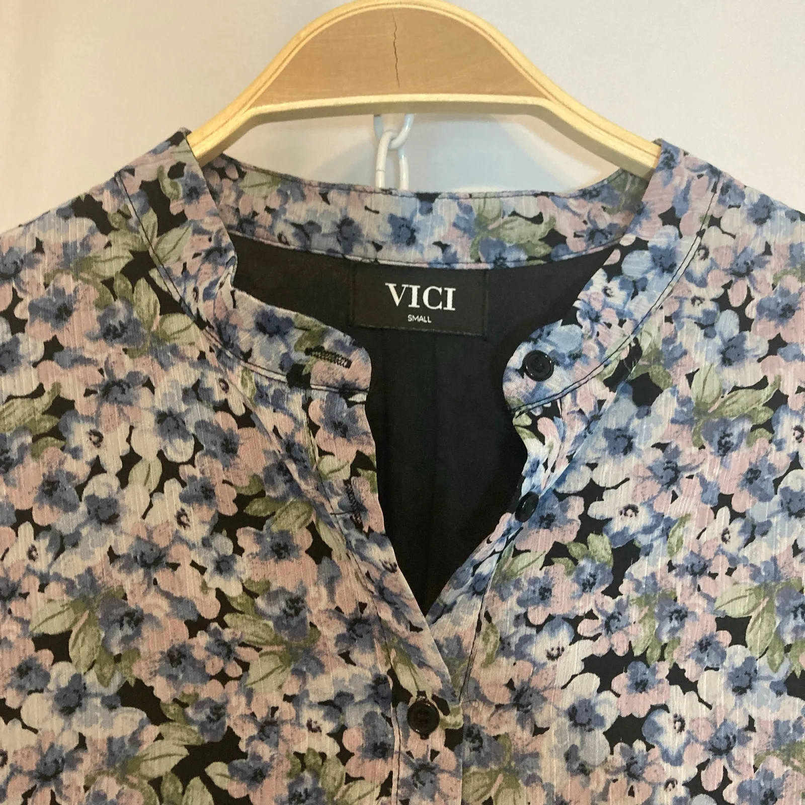 VICI Collection Balloons Purple Blue Floral Long Sleeve Button Tiered Mini Dress - Image 3