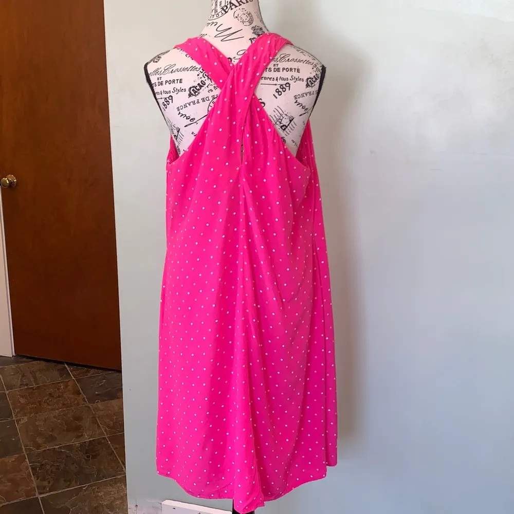 LOFT Polka Dot Bright Pink V-Neck Sleeveless Dress Women’s Large - Image 3
