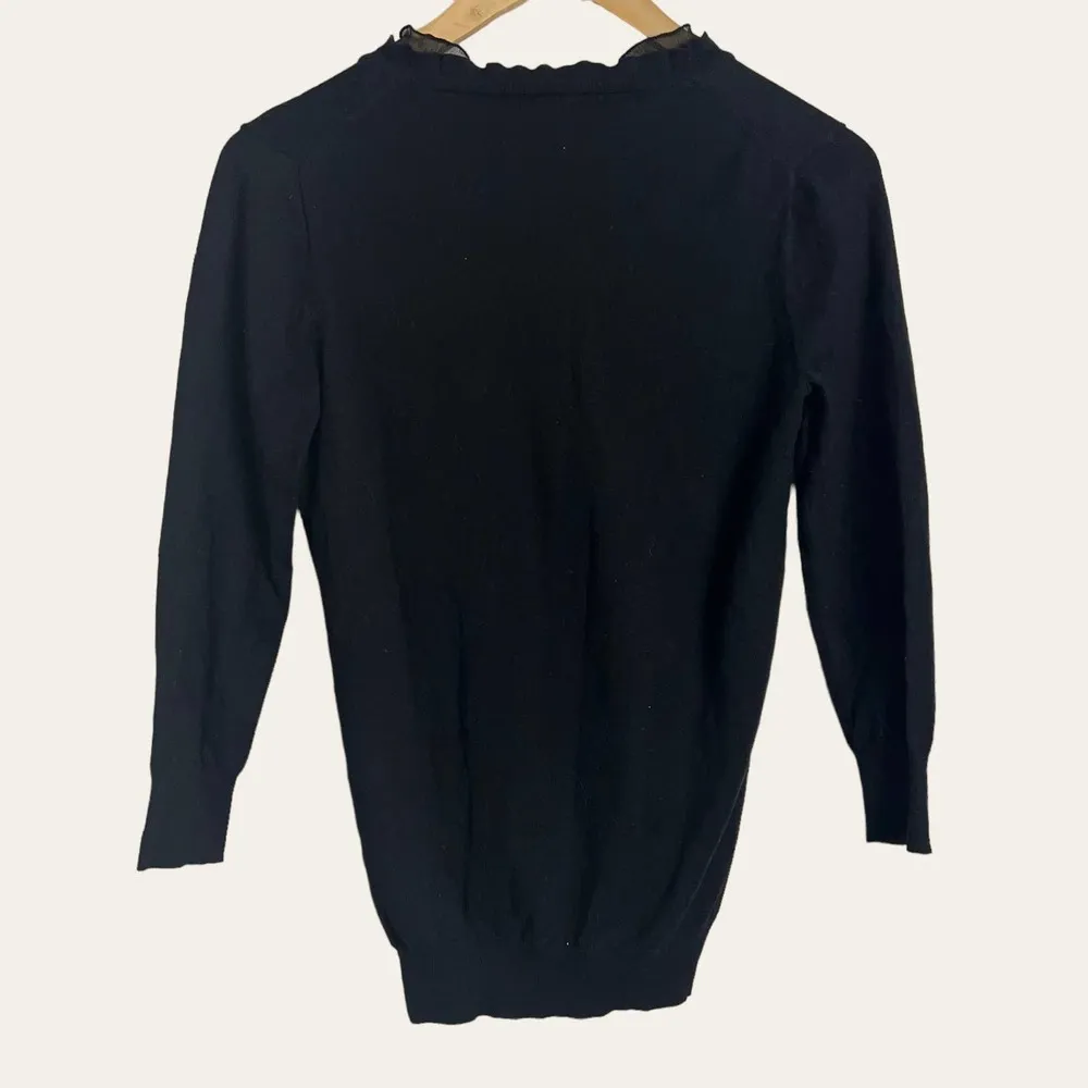 J.Crew Black Silk Ruffle V-Neck 3/4 Sleeve Knit Pullover Sweater Size S - Image 5