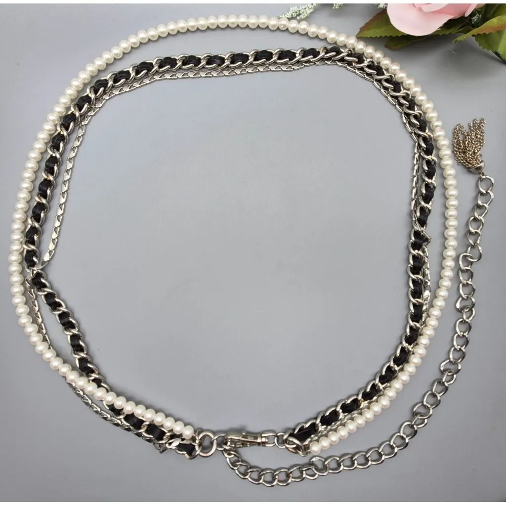 Great Multi Chain & Faux Pearl Silver Tone Adjustable Belt Faux Leather 37-50 in - Image 2
