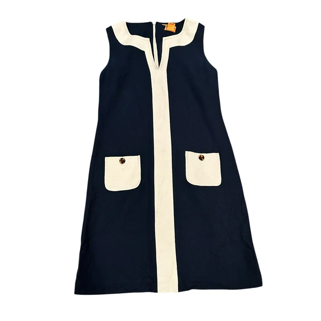 TORY BURCH VNECK LINED NAVY BLUE WHITE SLEEVELESS SILK COTTON DRESS 4 - Image 2