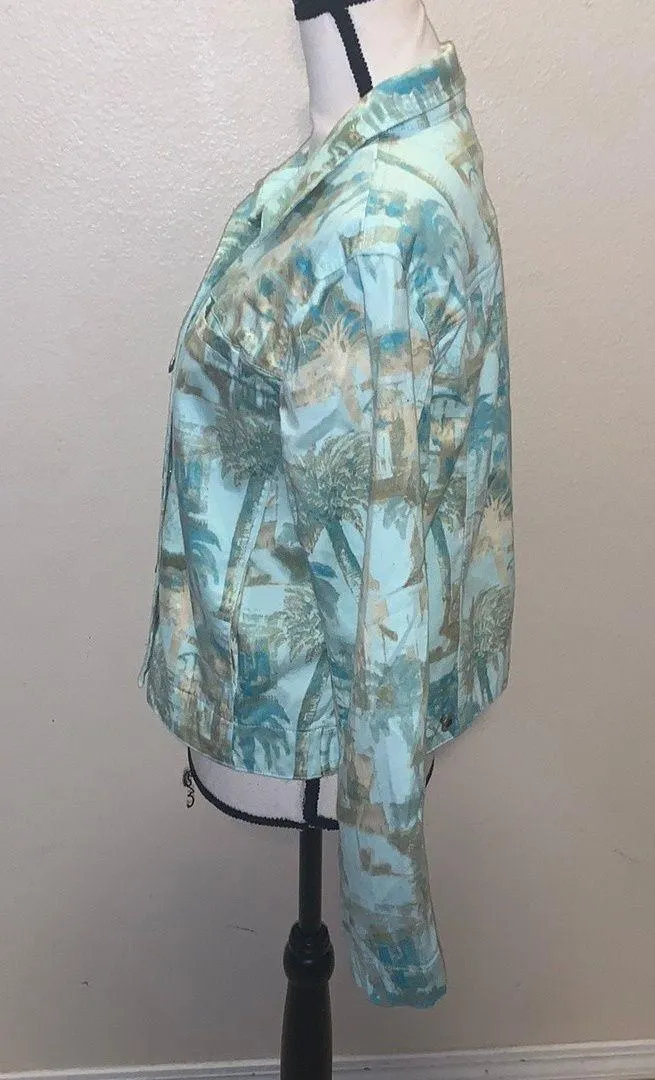 Caribbean Joe Womens Jacket Size Medium Teals Blues Palm Trees Jacket Hawaiian - Image 5