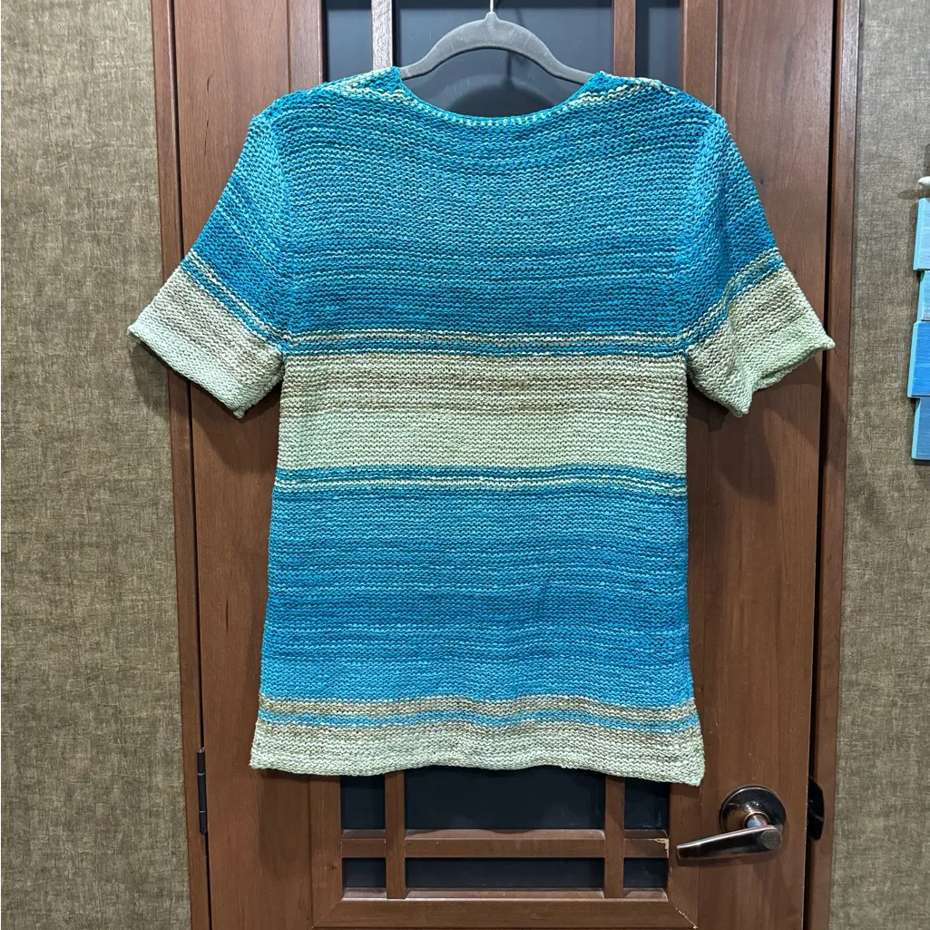 Vintage Coldwater Creek Teal and Beige Striped Short Sleeve Top - Image 3