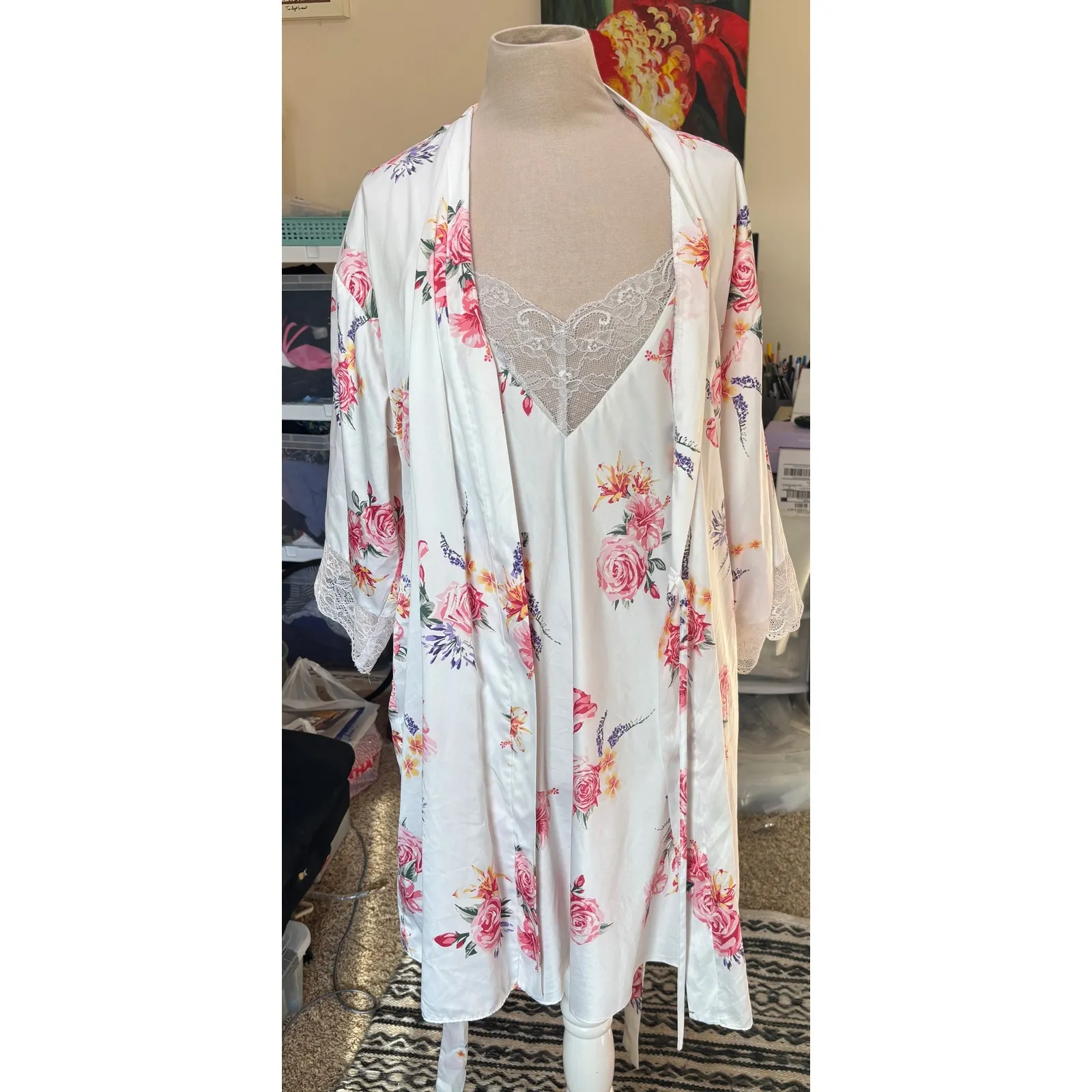VTG Flora Nikrooz Womens White Floral Print Satin Lace Trim Robe Slip Set Sz  L - Image 5