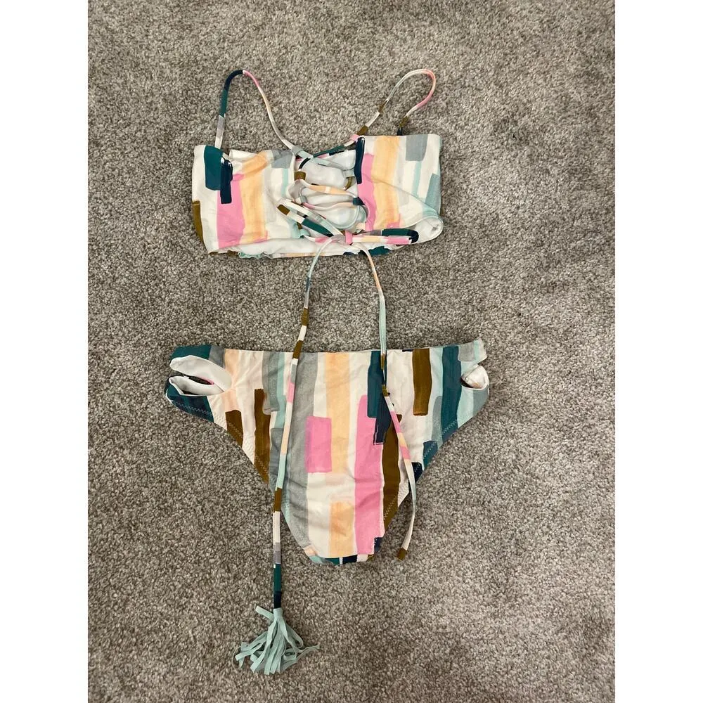 Bikini Lab Bandeau Bikini Swimsuit Top& Cutout Hipster Bottom in Paint Party,S - Image 4