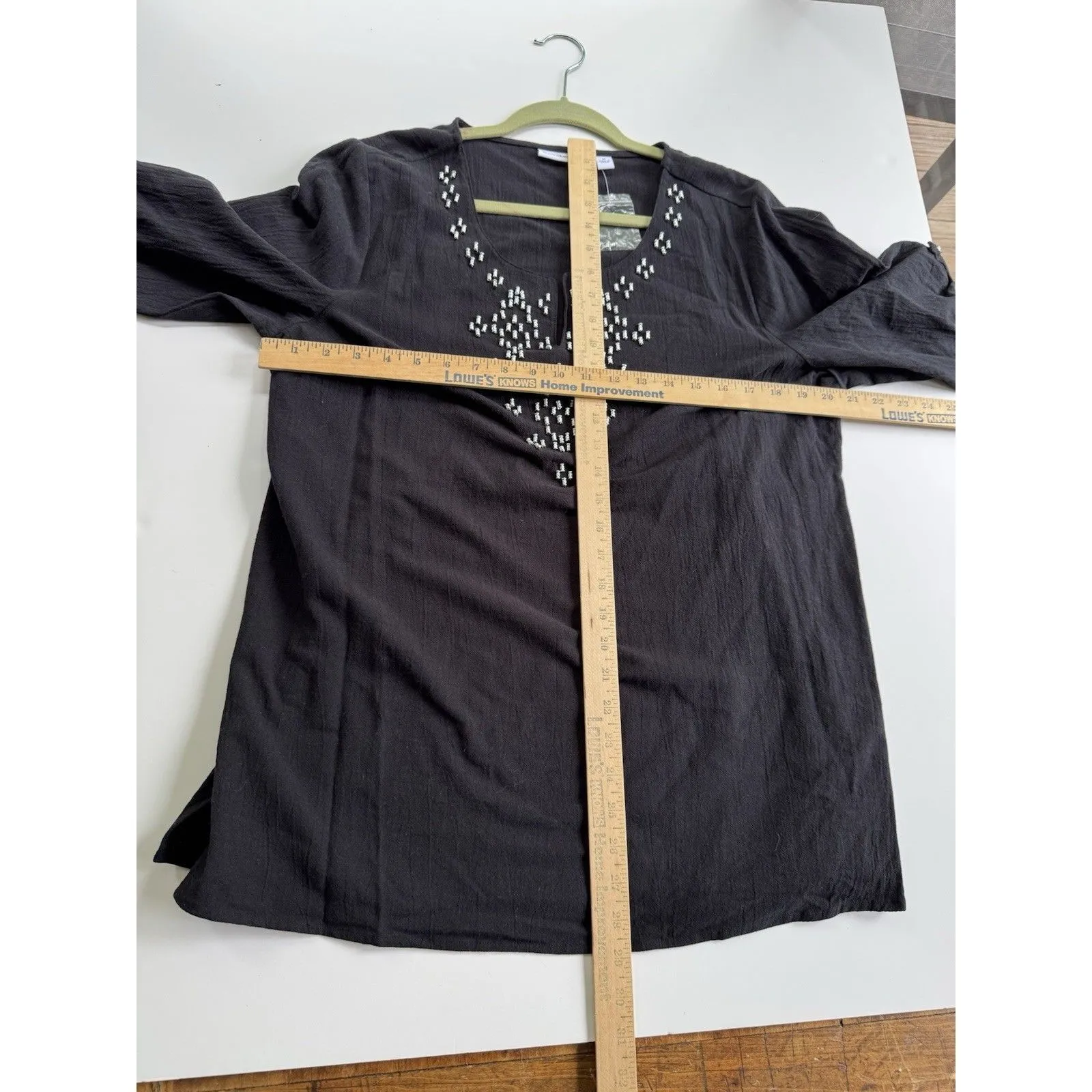 Susan Graver Women’s Tunic Blouse Black Sz M 100% cotton beaded roll tab - Image 8