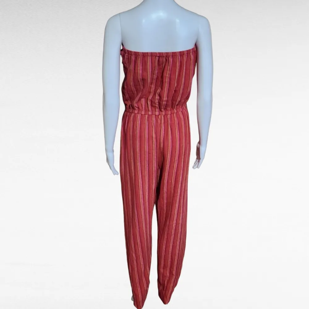 Anthropologie Drew Emerson Red Stripe Linen Strapless Tulip Jumpsuit Size Large - Image 6
