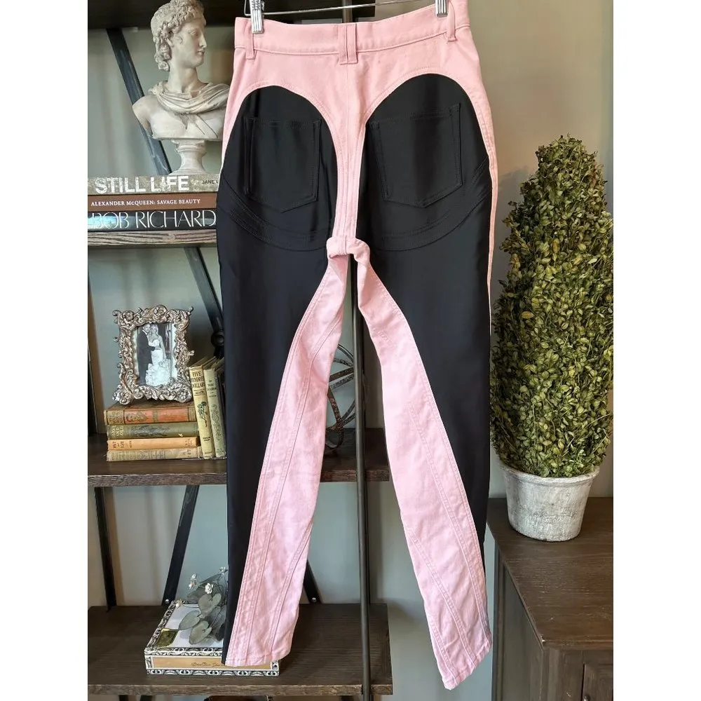MUGLER Two Tone Twist Panel High Rise Denim Stretch Jeans Pink Black FR 40 US 8 - Image 10