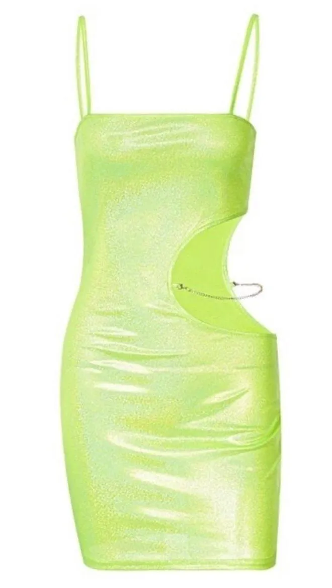 K Too Sparkle Shiny Shimmer Neon Lime Green Cutout Bodycon Mini Dress - Image 5