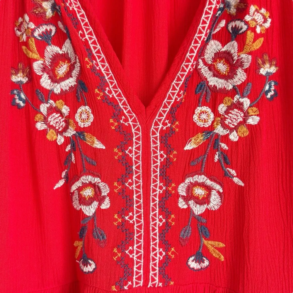 Knox Rose Boho Floral Embroidered Red Swing Dress Casual V-neck Short Sleeve XS - Image 3