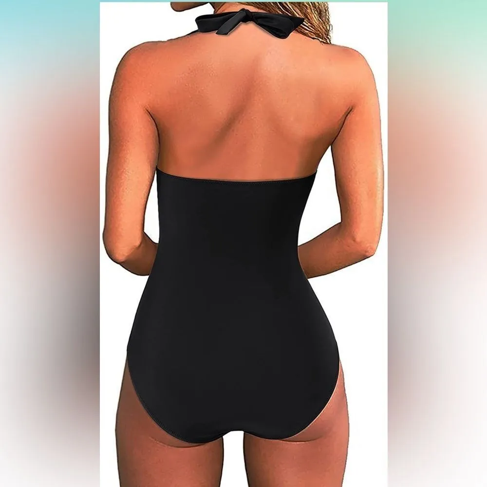 NEW Women Tummy Control 1 Pc Swimsuits Halter Push Up Bathing Suit S Black - Image 2