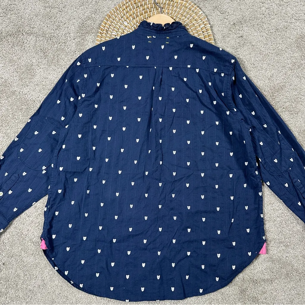 Kerri Rosenthal Women’s Mia Ruffle Button Down Shirt Tiny Heart Print in Navy XL Blue - Image 9