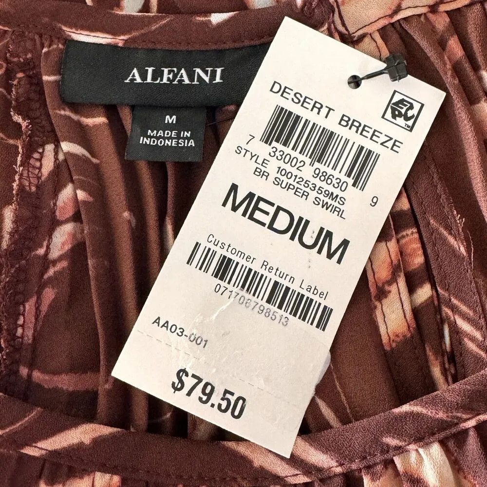 Alfani Medium Pleated Top Round Neck Long Sleeves Swirl Abstract Print Brown New - Image 8