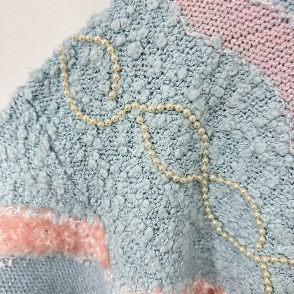 Vintage Pastel Blue Grannycore Coquette Mixed‎ Media Rose Pearl Mockneck Sweater Size M - Image 8