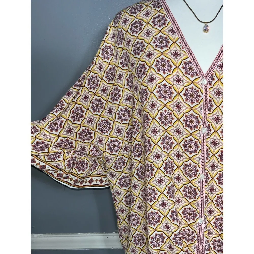 Max Studio Mustard & Purple Mediterranean Print Short Sleeve Tie Waist Top XL - Image 7