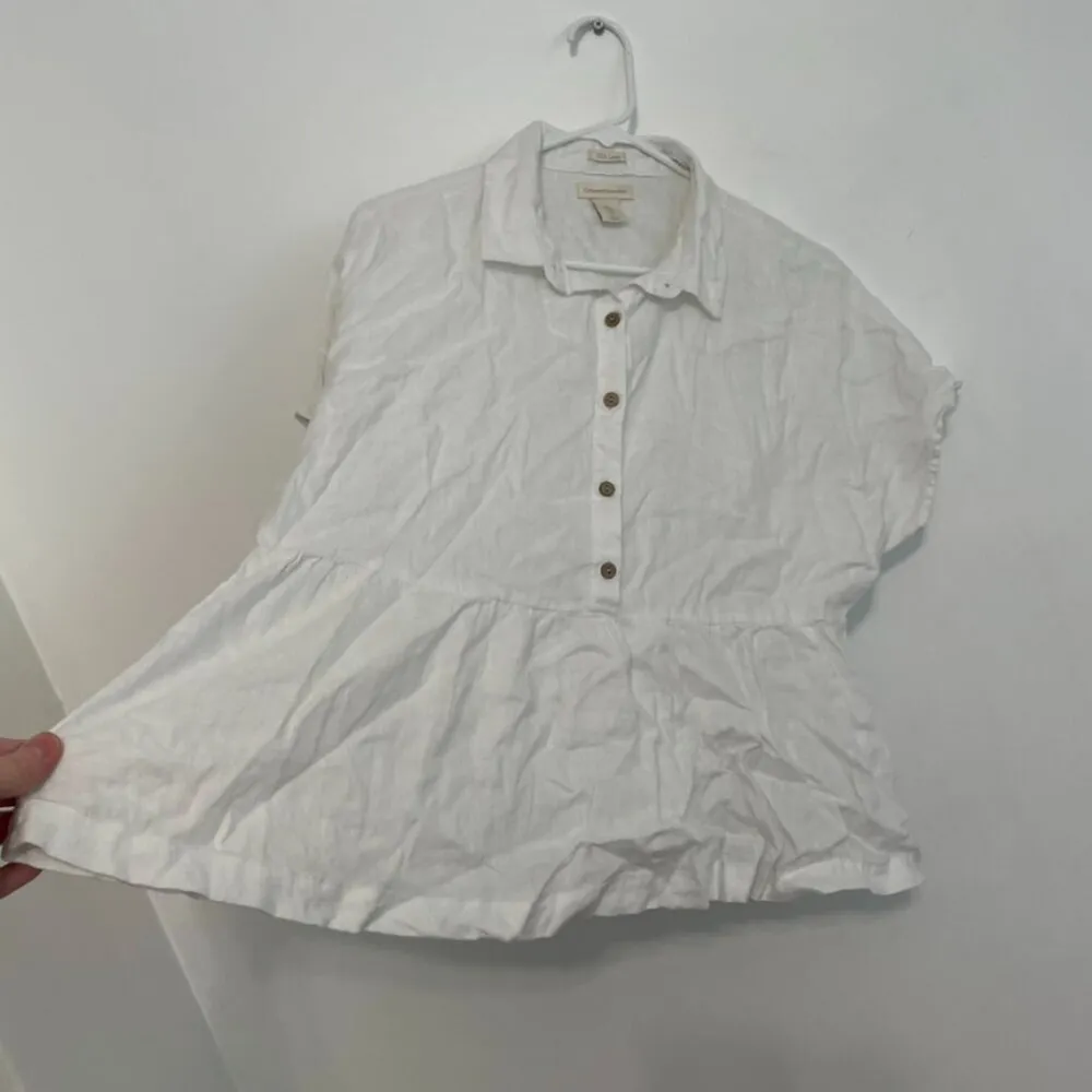 CATHERINE MALANDRINO Solid White Popover Short Sleeve 100% Linen Peplum Blouse M - Image 8