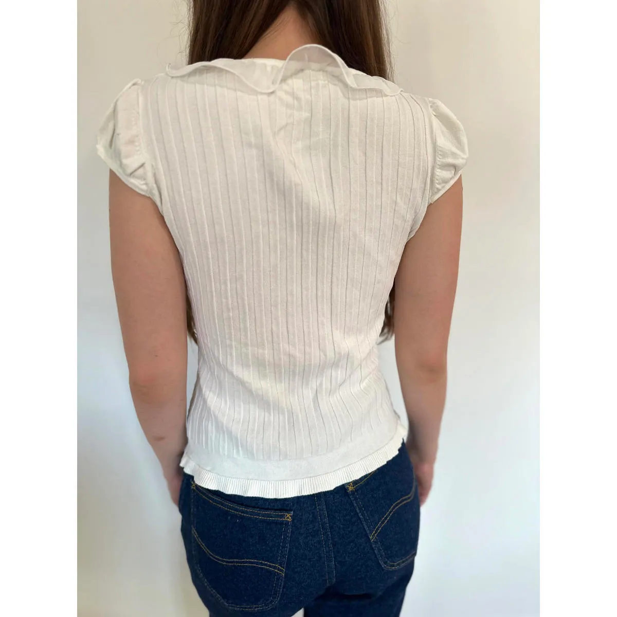 White Y2k Vintage Short Sleeve Frilly Top Size M - Image 4