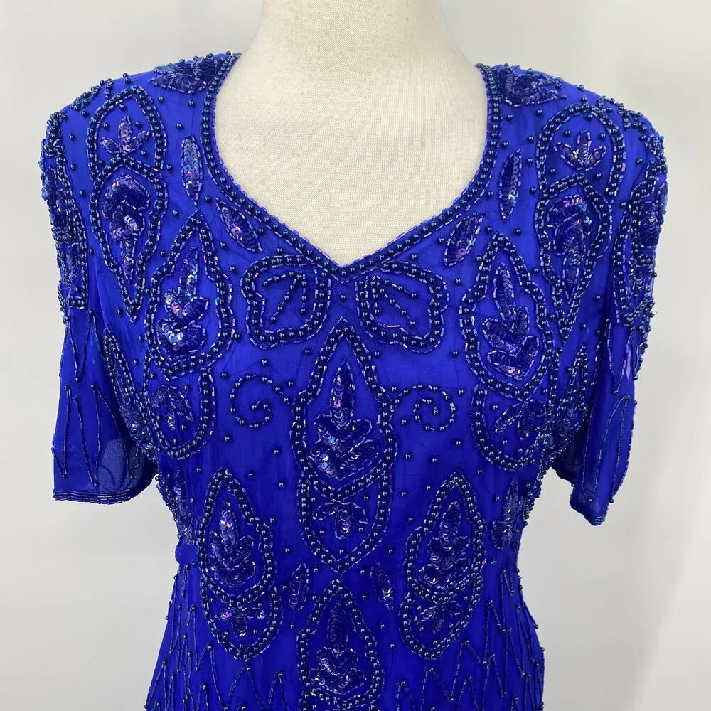 Vintage Beaded Silk Mini Dress Keyhole Back V Neck Shoulder Pads Blue Womens L Size L - Image 3