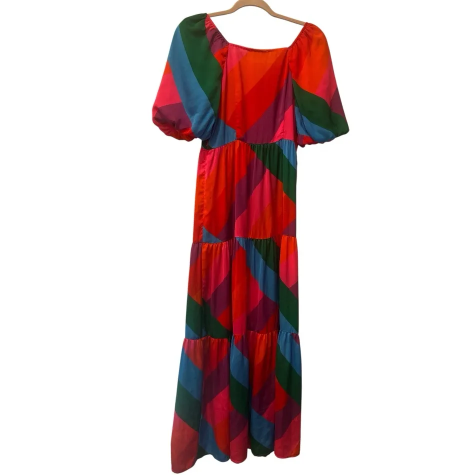 Skies Are Blue Bold Colorful Tiered Maxi Dress Puff Sleeve faux wrap size XS - Image 3