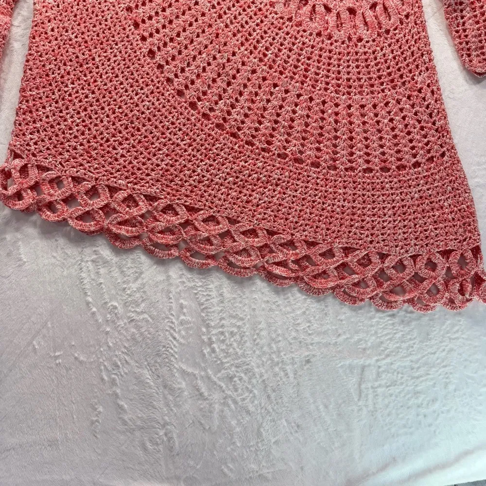 Vintage Coral Loose Crochet Knit Sweater with Diagonal Hem Norm Thompson Large Pink - Image 3