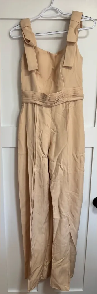 Women’s tan jumpsuit with removable cape/dress that snaps on the back. Size 8. - Image 1