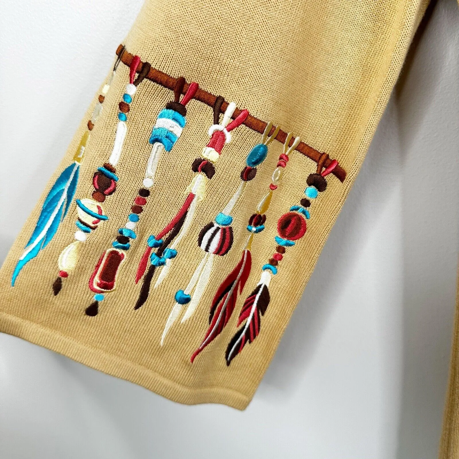 Bob Mackie Cardigan Sweater XS Embroidered Feathers Wearable Art Dream Catcher - Image 10