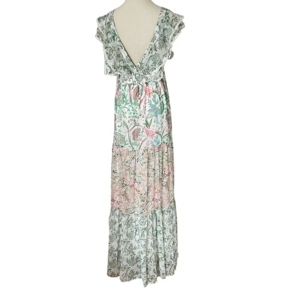House of Harlow floral mixed print lace edged flutter maxi dress size M medium - Image 3