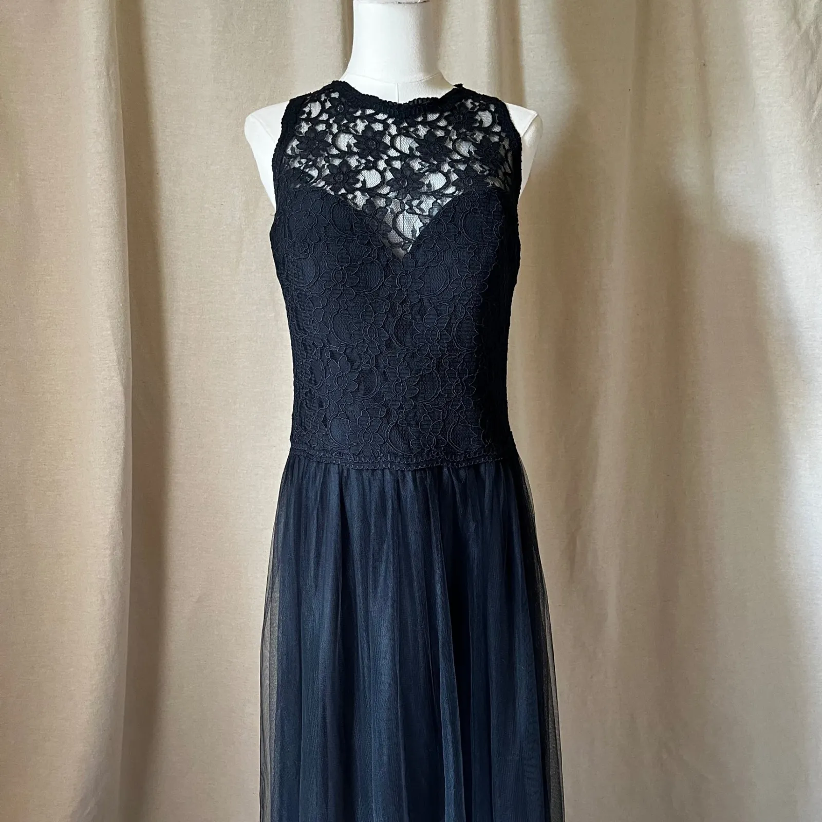 Bill‎ Levkoff Black Lace Illusion Bodice Tulle Maxi Gown Size 10 - Image 3