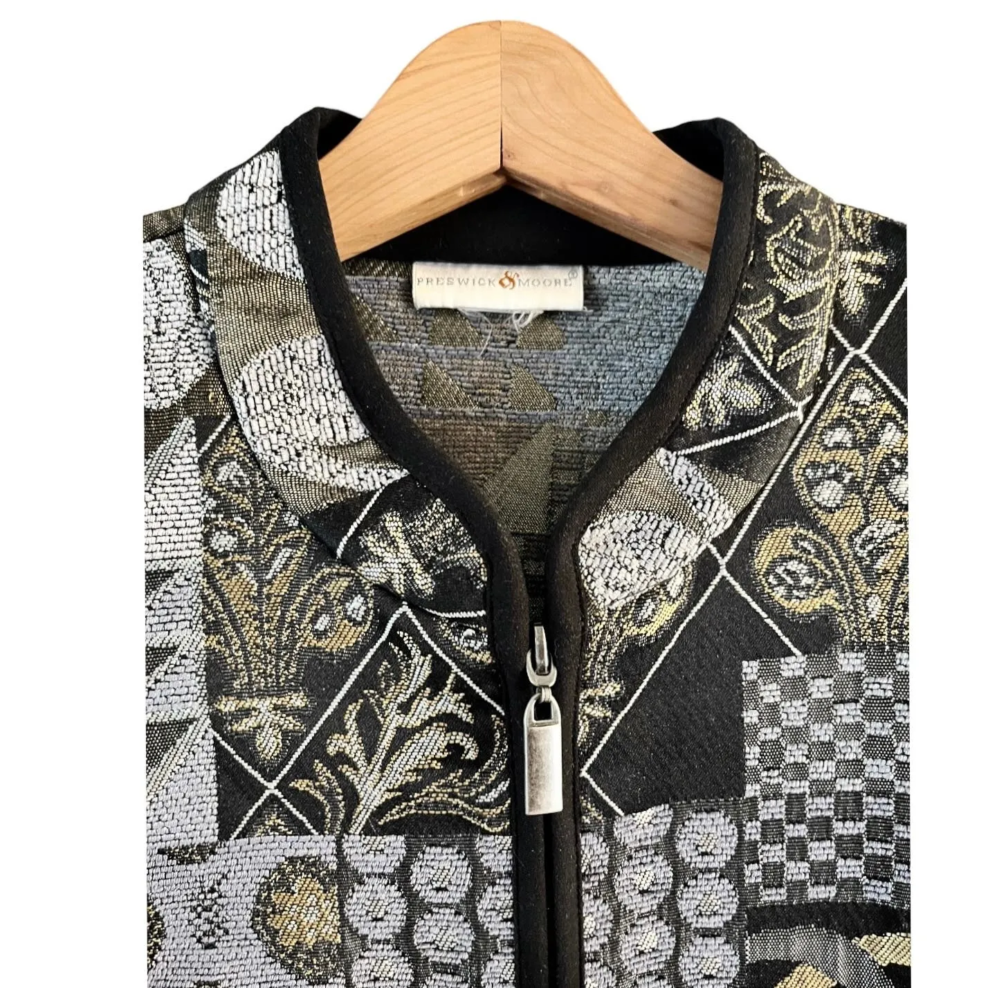 PRESWICK & MOORE Tapestry Jacket Black Gold Silver Full Zip Long Sleeves XL EUC - Image 3