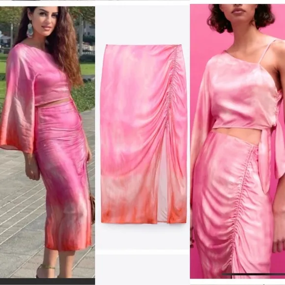 2 piece matching set — pink Tie-Dye satin skirt & one shoulder blouse - Image 2