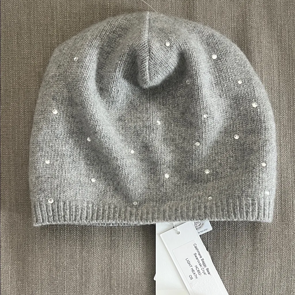 Carolyn Rowan Cashmere Baggy Beanie w/Scattered Swarovski Crystals, OS, NEW Gray - Image 8